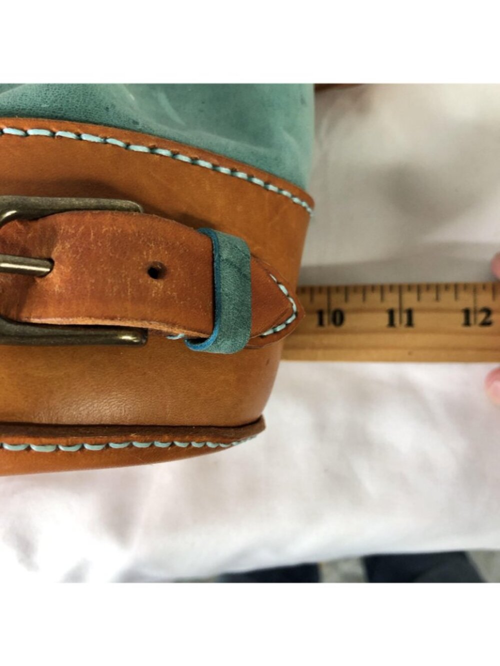 Bespoke Backpack Bag Womens Small Turquoise Brown Leather Boho Drawstring Casual - Picture 8 of 16